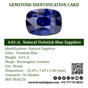 4.01 ct.  Natural Violetish Blue Sapphire